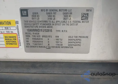 2015 GMC Acadia Slt-1 z USA, uszkodzony, nr VIN 1GKKRRKD1FJ152816